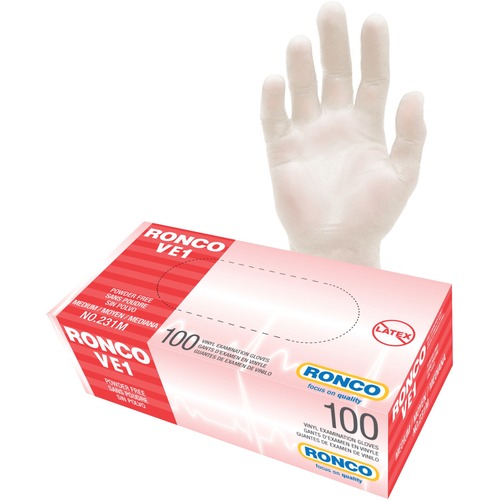 RONCO VE1 Vinyl Examination Glove (3 mil) - Allergy Protection - Medium Size - For Right/Left Hand - Clear - Powder-free, Lightweight, Comfortable, Latex-free, Flexible, Disposable, Non-sterile - For Healthcare Working, Food Processing, Veterinary, Genera