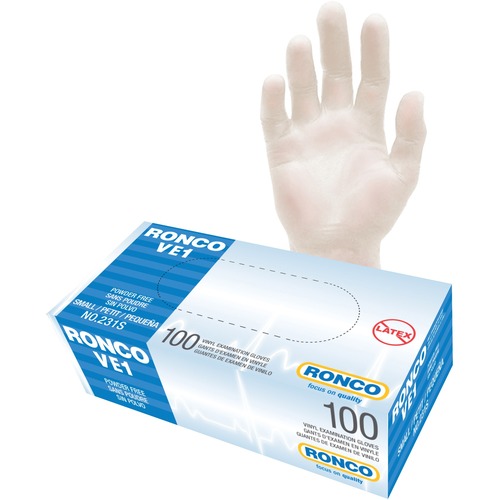 RONCO VE1 Vinyl Examination Glove (3 mil) - Allergy Protection - Small Size - For Right/Left Hand - Clear - Powder-free, Lightweight, Comfortable, Latex-free, Flexible, Disposable, Non-sterile - For Healthcare Working, Food Processing, Veterinary, General
