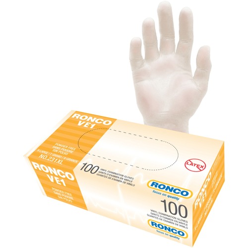 RONCO VE1 Vinyl Examination Glove (3 mil) - Allergy Protection - X-Large Size - For Right/Left Hand - Clear - Powder-free, Lightweight, Comfortable, Latex-free, Flexible, Disposable, Non-sterile - For Healthcare Working, Food Processing, Veterinary, Gener