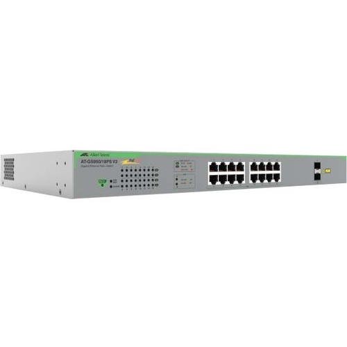 Allied Telesis GS950/18PS V2 Ethernet Switch - 16 Ports - Manageable - Gigabit Ethernet - 10/100/1000Base-T, 100/1000Base-X - 2 Layer Supported - Modular - 2 SFP Slots - 75 W Power Consumption - 185 W PoE Budget - Twisted Pair, Optical Fiber - PoE Ports -