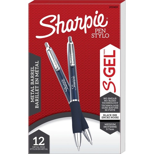 Sharpie S-Gel Pens - 0.7 mm Medium Pen Point - Black Ink - Gel-based - Midnight Blue Metal Barrel - 12 / Dozen