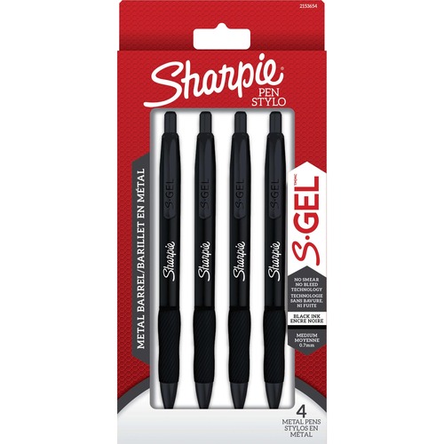 Sharpie S-Gel Pens - 0.7 mm Medium Pen Point - Black Ink - Gel-based - Matte Black Metal Barrel - 4 / Pack