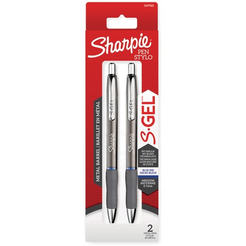 Sharpie S-Gel Metal Retractable Pens  Medium Pen Point - 0.7 mm Pen Point Size - Retractable - Blue - Gunmetal Metal Barrel - 2 / Pack