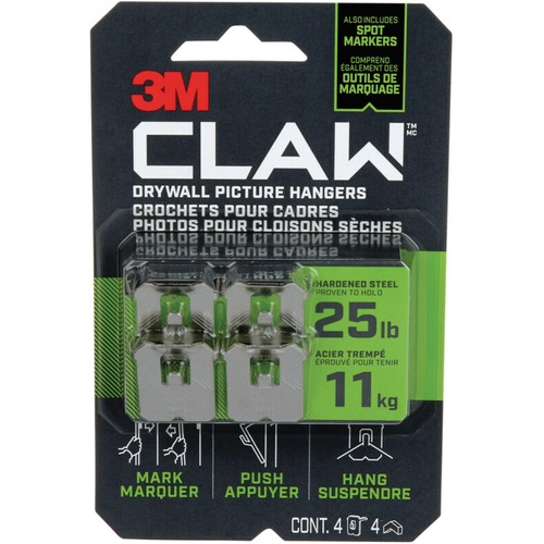 3M Claw Drywall Picture Hangers 4 sets/pkg - 11.34 kg Capacity - for Drywall, Pictures - 4 / Pack - Hooks & Hangers - MMM3PH25M4EF