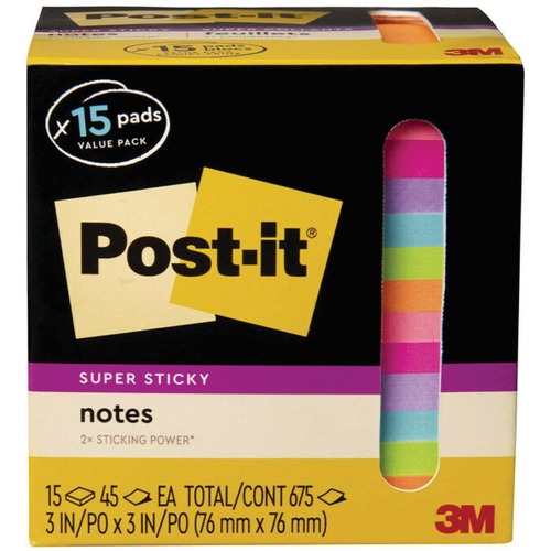 Post-it® Super Sticky Notes Mini Box 3" x 3" Assorted Bright Colours 15 pads/pkg - 3" x 3" - Square - 45 Sheets per Pad - Assorted Bright - 15 / Pack