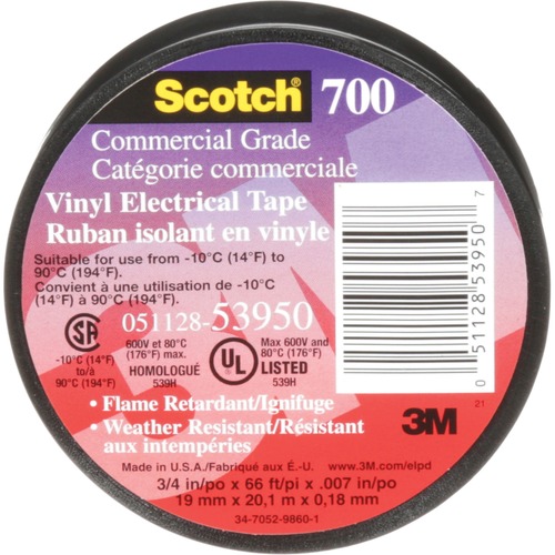 Scotch 700 Insulating Tape - 22 yd (20.1 m) Length x 0.75" (19.1 mm) Width - Vinyl, Rubber, Polyvinyl Chloride (PVC) - Black