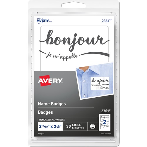 Avery® Print or Write Name Badges Bonjour Je m'appelle 30/pkg - 30 / Pack - Bonjour Je m'appelle Print/Message - 3.38" (85.73 mm) Width x 2.34" (59.53 mm) Height - Rectangular Shape - Flexible, Printable, Write-on, Adhesive