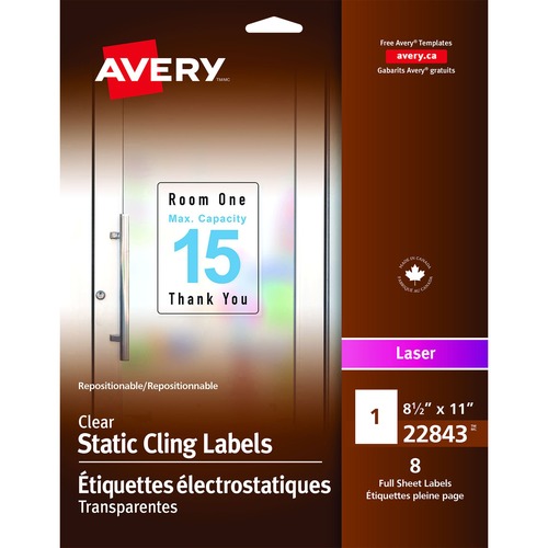 Avery Clear Static Cling Labels8" X 11" , Repositionable, for Laser Printers - Permanent Adhesive - Rectangle - Laser, Inkjet - Clear - 4 / Sheet - 8 / Pack