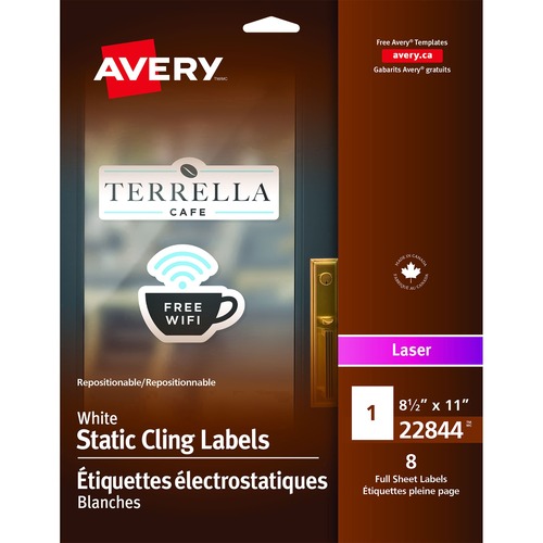 Avery® Print-to-the-Edge Cling-On Labels 8-1/2" x 11" White 8/pkg - Removable Adhesive - Rectangle - Laser - White - 1 / Sheet - 8 / Pack