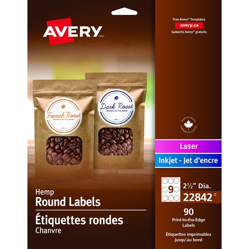 Avery® Print-to-the-Edge Hemp Labels 2-1/2" 90/pkg - Permanent Adhesive - Round - Laser, Inkjet - Beige - 90 / Pack = AVE22842
