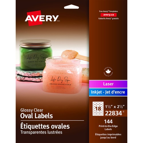 Avery® Print-to-the-Edge Oval Labels 1-1/2" x 2-1/2" Glossy Clear 144/pkg - Permanent Adhesive - Oval - Laser, Inkjet - Clear - 18 / Sheet - 144 / Pack