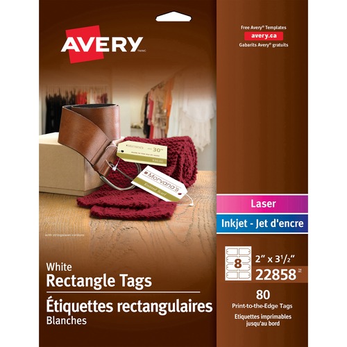 Avery® Printable Rectangle Tags with Strings - 3.50" (88.90 mm) Length x 2" (50.80 mm) Width - Rectangular - String Fastener - 80 / Pack - Cardstock - White