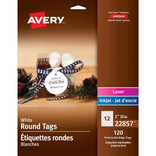 Avery® Printable Round Tags with Strings - 2" (50.80 mm) Diameter - Round - Fabric String Fastener - 120 / Pack - Cardstock - White - Marking Tags - AVE22857