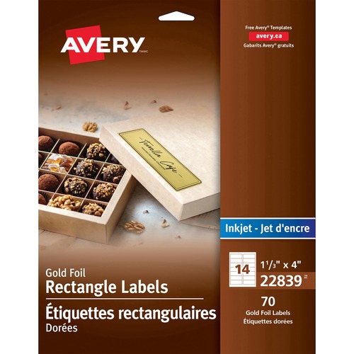 Avery® Print-to-the-Edge Rectangular Labels 1-1/3" x 4" Gold 70/pkg - Permanent Adhesive - Rectangle - Inkjet - Gold - Foil - 14 / Sheet - 70 / Pack = AVE22839