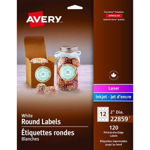 Avery® Print-to-the-Edge Round Labels 2" Matte White, 12 / Sheet - 120 / Pack - ID & Specialty Labels - AVE22859