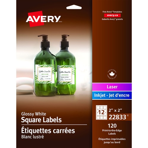 Avery® Print-to-the-Edge Square Labels 2" x 2" White 120/pkg - Permanent Adhesive - Square - Inkjet, Laser - White - 12 / Sheet - 120 / Pack - ID & Specialty Labels - AVE22833