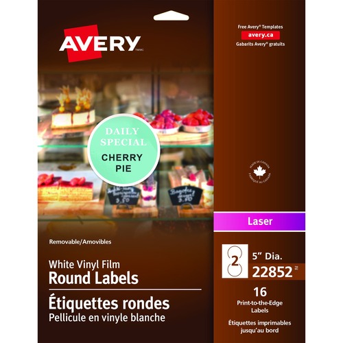 Avery® Print-to-the-Edge Vinyl Signs 5" Round White 16/pkg - Removable Adhesive - Round - Laser - White - Vinyl, Film - 2 / Sheet - 16 / Pack - Multipurpose Labels - AVE22852