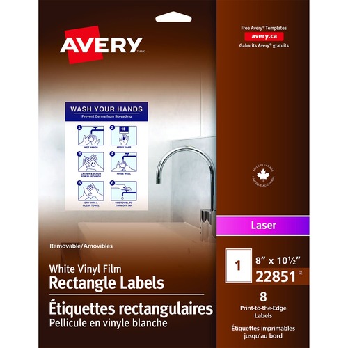 Avery® Print-to-the-Edge Vinyl Signs 8-1/2" x 11" White 8/pkg - Removable Adhesive - Rectangle - Laser - White - Vinyl, Film - 1 / Sheet - 8 / Pack