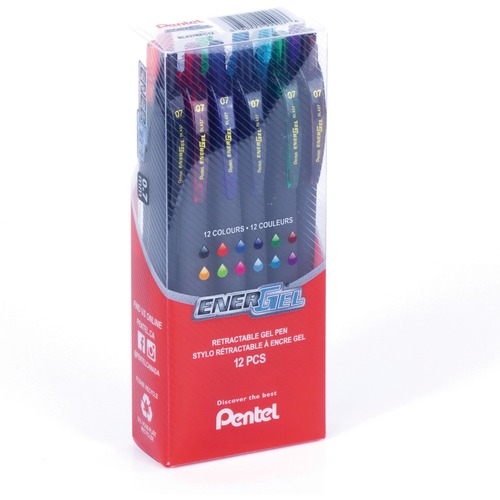 Pentel EnerGel Retractable Gel Pens 0.7 mm Assorted Colours 12/pkg - 0.7 mm Pen Point Size - Refillable - Retractable - Assorted Liquid Gel Ink Ink - Black Rubberized Barrel - Stainless Steel Tip - 12 / Pack - Gel Ink Pens - PENBL437RPC12