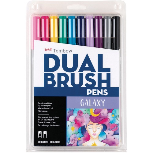 Tombow Dual Brush Pens Assorted Galaxy Colours 10/pkg - Fine, Medium, Bold Pen Point - Brush Pen Point Style - Rose Pink Water Based, Light Orange, Green, Turquoise, Cool Gray, Lamp Black, Rhodamine Red, Jet Blue, Purple Sage, Royal Purple Ink - 10 / Pack - Art Markers - TOM56188