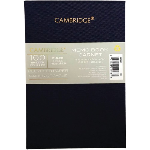 Cambridge WorkStyle Memo Pad 200 Pages 5" x 7-1/2" Blue - 200 Pages - Case Bound - Ruled - 7.50" (190.50 mm) x 5" (127 mm) - Fabric Cover - Soft Cover - Memo / Subject Notebooks - HLR590023