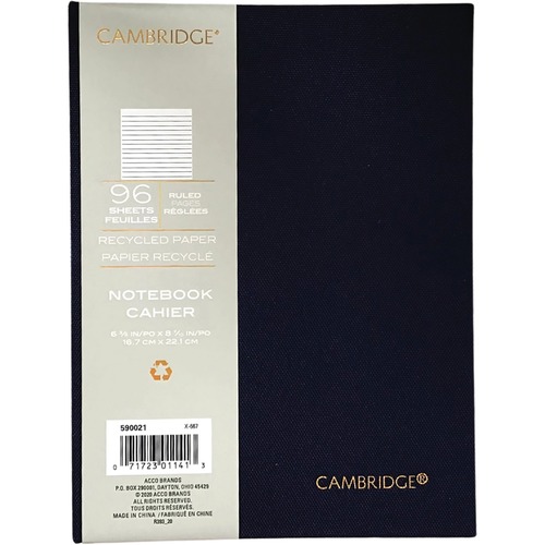 Cambridge WorkStyle Notebook 200 Pages 8-1/2" x 6" Blue - 200 Pages - Case Bound - Ruled - 8.50" (215.90 mm) x 6" (152.40 mm) - Fabric Cover - Soft Cover