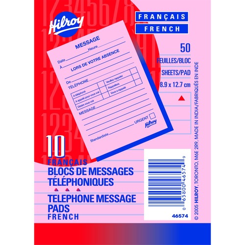 Hilroy Telephone Message Pad 3-1/2" x 5" 50 Sheets per pad French 10/pkg - 50 Sheet(s) - 3 1/2" (8.9 cm) x 5" (12.7 cm) Sheet Size - Pink Sheet(s) - 10 / Pack