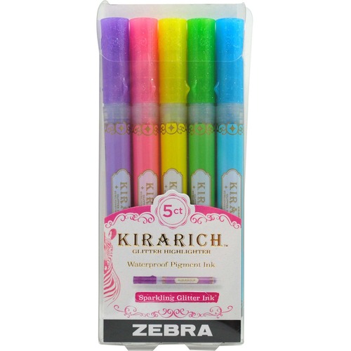 Zebra Pen Kirarich Glitter Highlighters Chisel Tip Assorted Colours 5/pkg - Chisel Marker Point Style - Assorted Water Based Ink - 5 / Pack