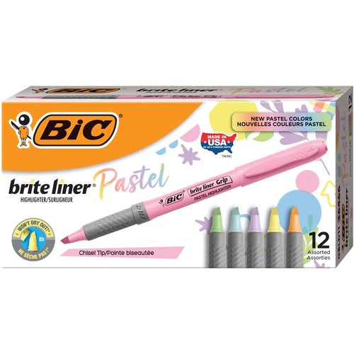 BIC Brite Liner Highlighter - Fine, Broad Marker Point - Chisel Marker Point Style - Assorted Pastel - 12 / Box