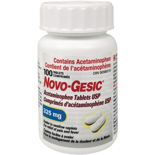 First Aid Central Novo-Gesic Acetaminophen Tablets Regular Strength 325 mg 100 tablets/pkg - For Minor Cut, Headache, Fever, Muscular Pain - 100 / Bottle