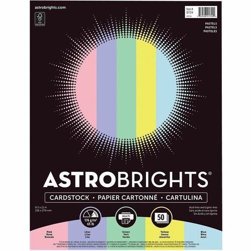 Astrobrights Cover Stock 65 lb 8-1/2" x 11" Assorted Pastel Colours 50 sheets/pk - Letter - 8 1/2" x 11" - 65 lb Basis Weight - 50 / Pack - FSC