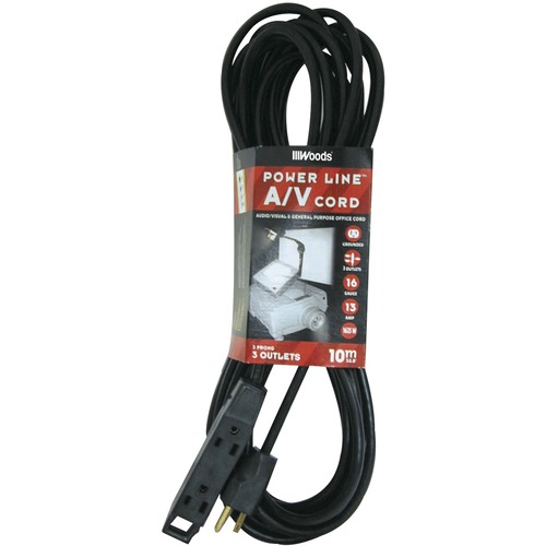 Woods Audio/Visual Extension Cord 10 m/32.8 ft. Black - For Audio/Video Device - 125 V AC13 A - Black - 32.8 ft Cord Length