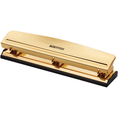 Bostitch Executive Three-Hole Punch 12 Sheets Gold - 3 Punch Head(s) - 12 Sheet - Metal, Rubber - Gold, Chrome
