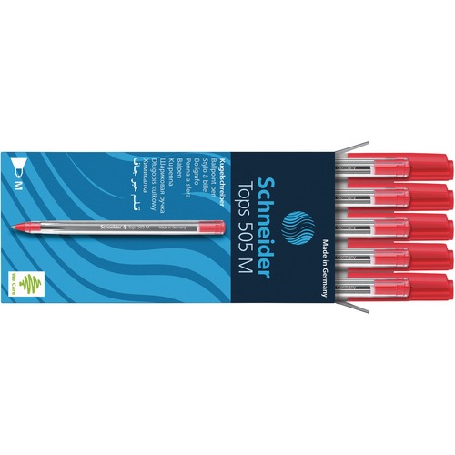 Schneider Tops 505 Ball Point Stick Pens Medium Red 10/box - Medium Pen Point - Red - Transparent Barrel - Stainless Steel Tip - 10 / Box - Ballpoint Stick Pens - PSYRS150802