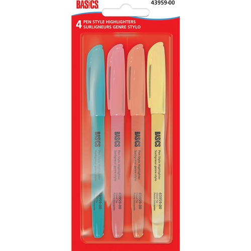 Basics Pen Style Highlighters Assorted Pastel Colours 4/pkg - Chisel Marker Point Style - Assorted Pastel - 4 / Pack