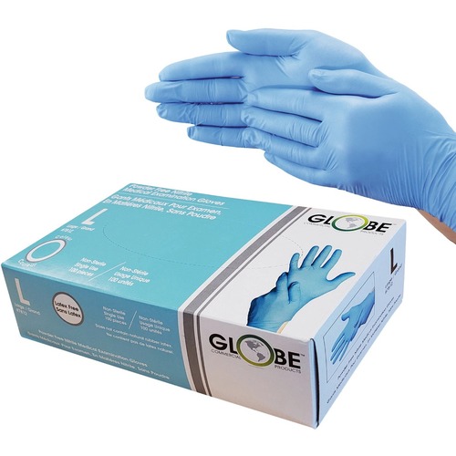 Globe Examination Gloves - Allergy Protection - Large Size - For Right/Left Hand - Blue - Powder-free, Latex-free, Water Proof, Disposable, Textured Fingertip, High Tactile Sensitivity, Durable, Durable Grip, Tear Resistant, Puncture Resistant, Non-steril