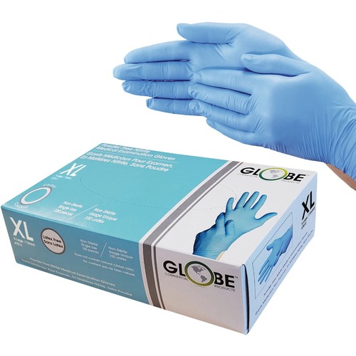 Globe Examination Gloves - Allergy Protection - X-Large Size - For Right/Left Hand - Blue - Powder-free, Latex-free, Water Proof, Disposable, Textured Fingertip, High Tactile Sensitivity, Durable, Durable Grip, Tear Resistant, Puncture Resistant, Non-ster