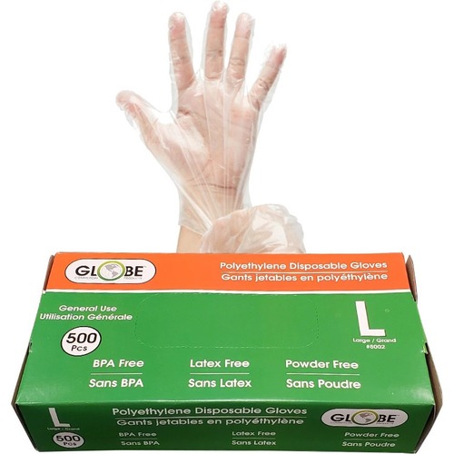 Globe Disposable Deli Gloves Large Clear 500/box - Large Size - For Right/Left Hand - Clear - Water Proof, Disposable, Powder-free, Breathable, Latex-free, BPA-free - For Cooking, Cleaning, Food Handling, Dishwashing, Janitorial Use, General Purpose.