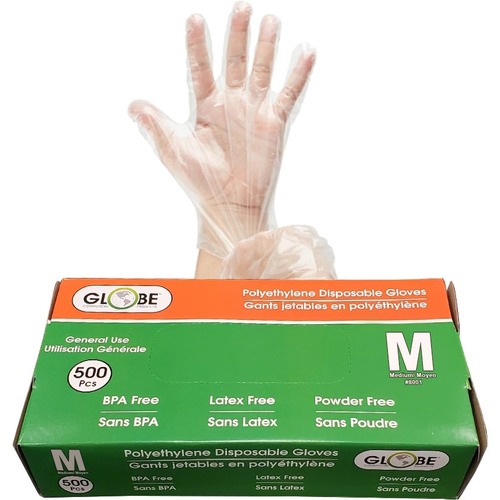 Globe Disposable Deli Gloves Medium Clear 500/box - Medium Size - For Right/Left Hand - Clear - Water Proof, Disposable, Powder-free, Breathable, Latex-free, BPA-free - For Cooking, Cleaning, Food Handling, Dishwashing, Janitorial Use.