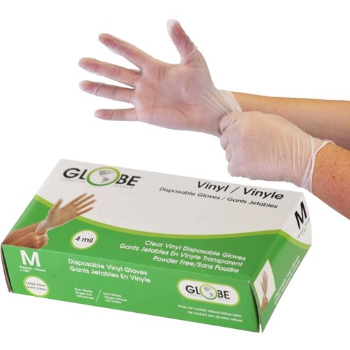 Globe Disposable Vinyl Gloves Clear Medium 100/box - Chemical Protection - Medium Size - For Right/Left Hand - Clear - Latex-free, Water Proof, Allergen-free, Durable, BPA-free - For Food, Beauty Salon, General Purpose, Industrial, Painting, Gardening, Ho