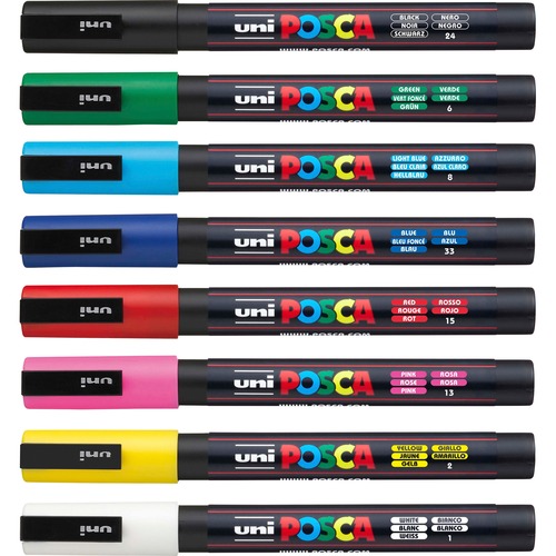 uni® Posca PC-3M Paint Markers - Fine Marker Point - Green, Blue, Light Blue, Yellow, Red, Pink, White, Black Water Based, Pigment-based Ink - 8 / Pack