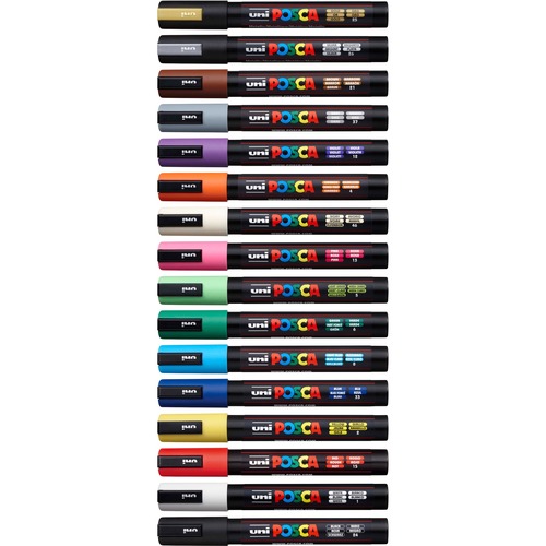 uni® Posca PC-5M Paint Markers - Medium Marker Point - Beige, Black, Blue, Brown, Gold, Green, Gray, Light Blue, Light Green, Orange, Pink, ... Water Based, Pigment-based Ink - 16 / Pack