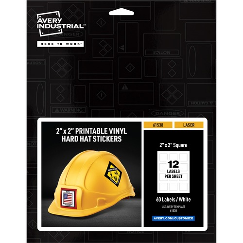 Avery® Printable Hard Hat/Helmet Vinyl Stickers - Square Shape - Full-Bleed Design - Printable, Water Proof, Fade Resistant, UV Coated, Permanent Adhesive, Water Resistant, Durable, Chemical Resistant, Abrasion Resistant - 2" Height x 2" Width - White