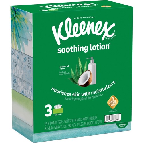 Kleenex soothing lotion Tissues - 3 Ply - White - Moisturizing, Strong - For Skin - 110 Per Box - 3 / PK
