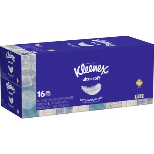 Kleenex Ultra Soft Facial Tissue - 3 Ply - White - Soft, Strong, Fragrance-free, Comfortable - For Skin - 70 Per Box - 16 / Box