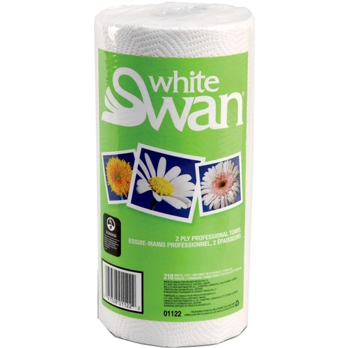 White Swan Professional Towel, 210 sheets - 2 Ply - 210 Sheets/Roll - White - Poly - Embossed, Biodegradable, Anti-contamination - For Window, Table - 12 / Case - Paper Towels - KRI01122
