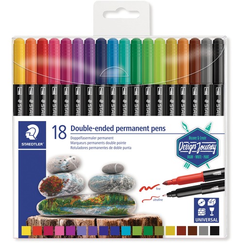 Staedtler Mars Double-ended Permanent Pens, Assorted Colours, 18/pk - Fine, Ultra Fine Marker Point - Assorted - 18 / Pack