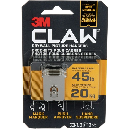 3M Claw Drywall Picture Hangers 3 sets/pkg - 20.41 kg Capacity - for Pictures, Drywall - Steel - 3 / Pack - Hooks & Hangers - MMM3PH45M3EF