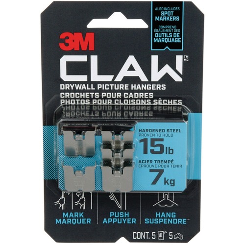 3M Claw Drywall Picture Hangers 5 sets/pkg - 6.80 kg Capacity - for Pictures, Drywall - Steel - 5 / Pack - Hooks & Hangers - MMM3PH15M5EF