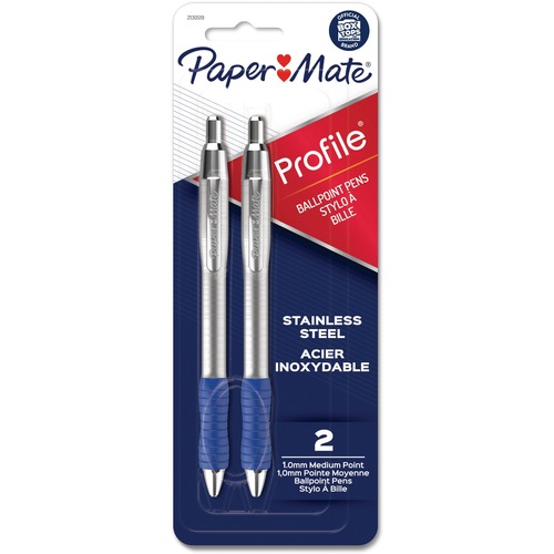 Paper Mate Profile Retractable Ball Point Pens Bold Point Blue 2/pkg - 1 mm Bold, Medium Pen Point - Retractable - Blue Ink - Stainless Steel Barrel - 2 / Pack